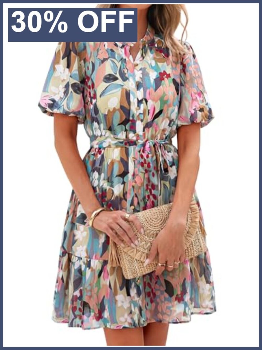 Women's Floral A-Line Mini Sundress with Puff Sleeves and V-Neck